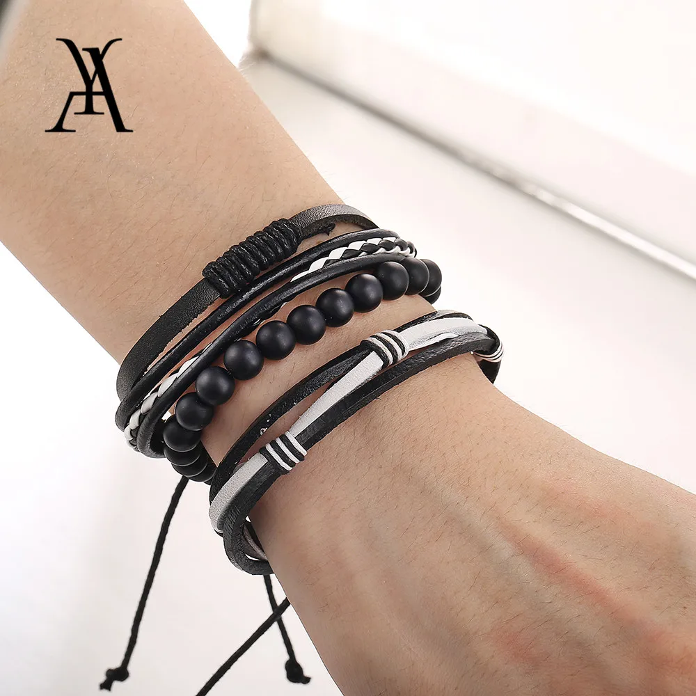 

AY New Design Vintage Multiple Layer Leather Bracelet For Men Charm Bracelets & Bangles Mens Braided Wrap Jewelry Wholesale 2019