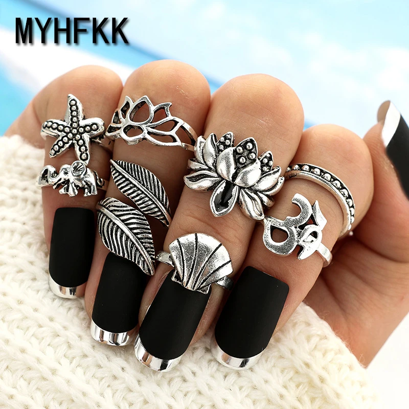 

MYHFKK8 Pieces/Punk Leaf Vintage Ring green Silver Ring Set Shell Starfish Ring Female Ring Jewelry Gift JZ023