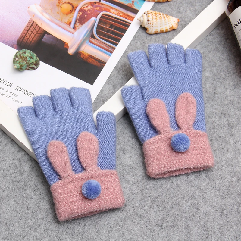 Новинка, модные зимние женские перчатки без пальцев, многофункциональные теплые рукавички пэчворк с милым Кроликом, подарок для студентов, подруг - Цвет: G61 light blue