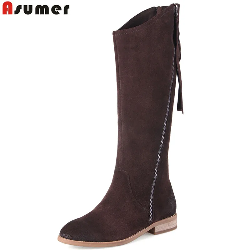 

ASUMER full leather 2018 new knee high boots round toe zip suede leather boots low heels Retro autumn winter boots women