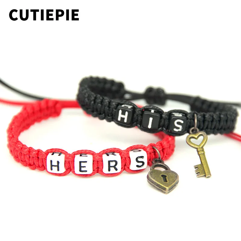 

2pcs/pair Artificial Couple Bracelets Black His And Red Hers With Key Lock Rope Chains Lovers Gifts Girlfriend Charm Bracelet