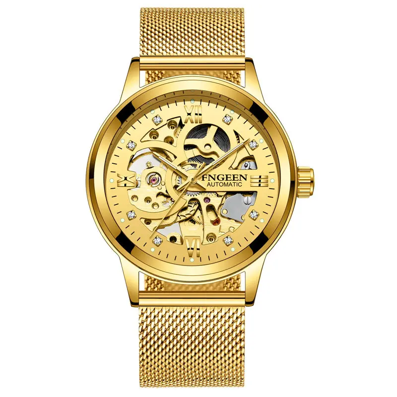 FNGEEN мужские светящиеся механические часы Топ бренд класса люкс Скелет автоматические часы из нержавеющей стали с сетчатым ремешком Мужские часы Relogio - Цвет: gold2