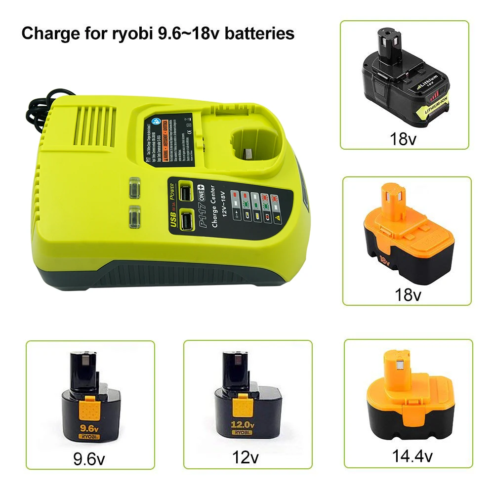 Ni Mh Li Ion 9 6 В 12 14 4 18 в макс. зарядное устройство для Ryobi P100 P102 P108 RB18L40 P117 One Plus + 2 порта
