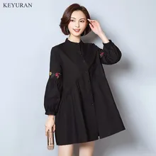 Vestido Vintage Nova Primavera Bordado Floral Camisa de Manga Longa Mulheres Soltas Encabeça Femme Ocasional Retro Blusas Oversize 3XL 4XL 5XL
