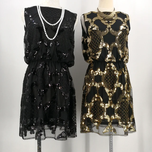 Women Sleeveless Deep V Back Sequin Party Mini Dress Vintage 1920 S Women Sleeveless Deep V Back Sequin Party Mini Dress Vintage 1920 S Gatsby Beaded Elastic Waist Flare