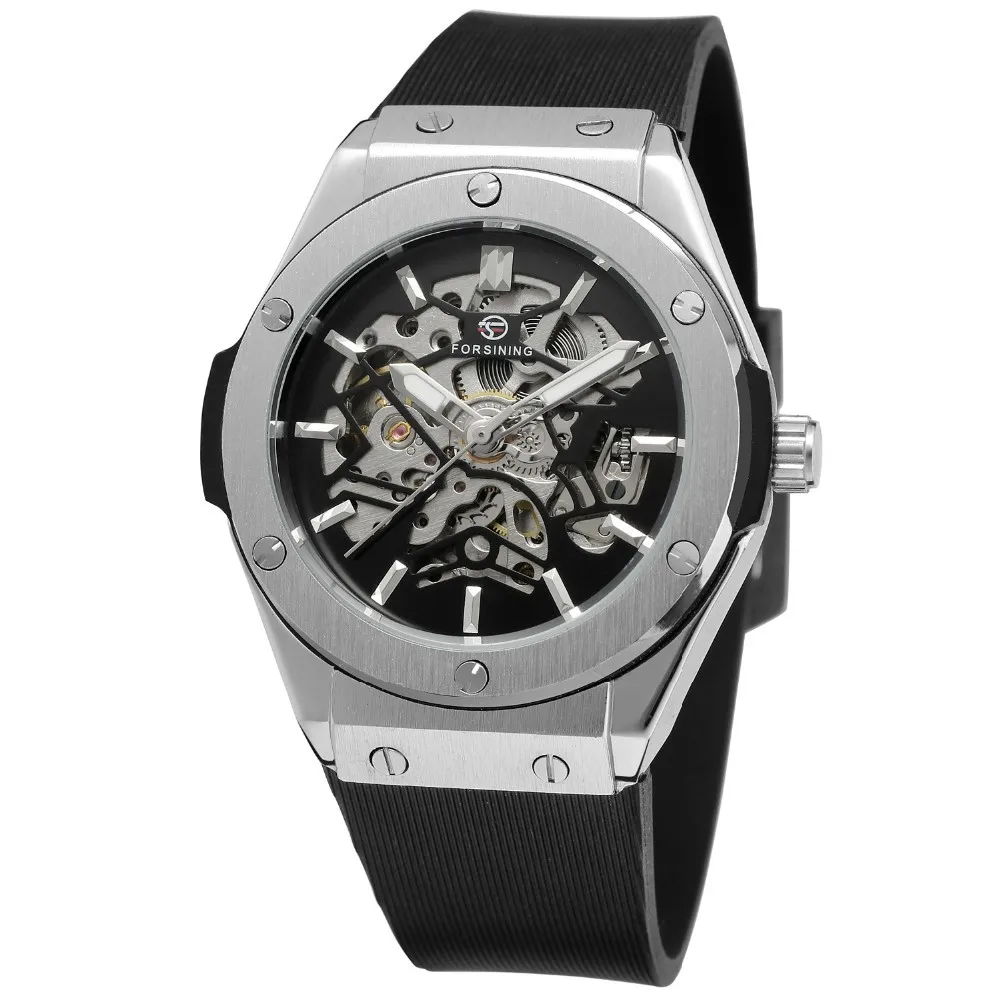 

forsining Men Military Watches 2018 Fashion Auto Mechanical Wristwatch Rubber Strap Skeleton Stainless-steel Case reloj hombre