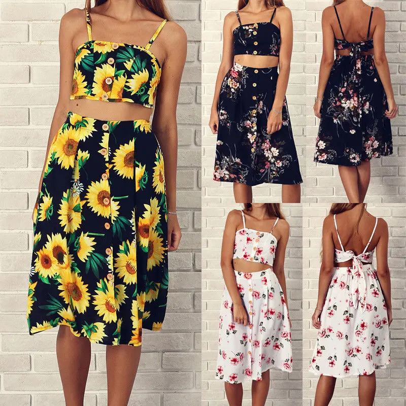 2 шт. Для женщин Bodycon Floral Crop Топ и юбка одежда наряд дамы Повседневное Вечерние
