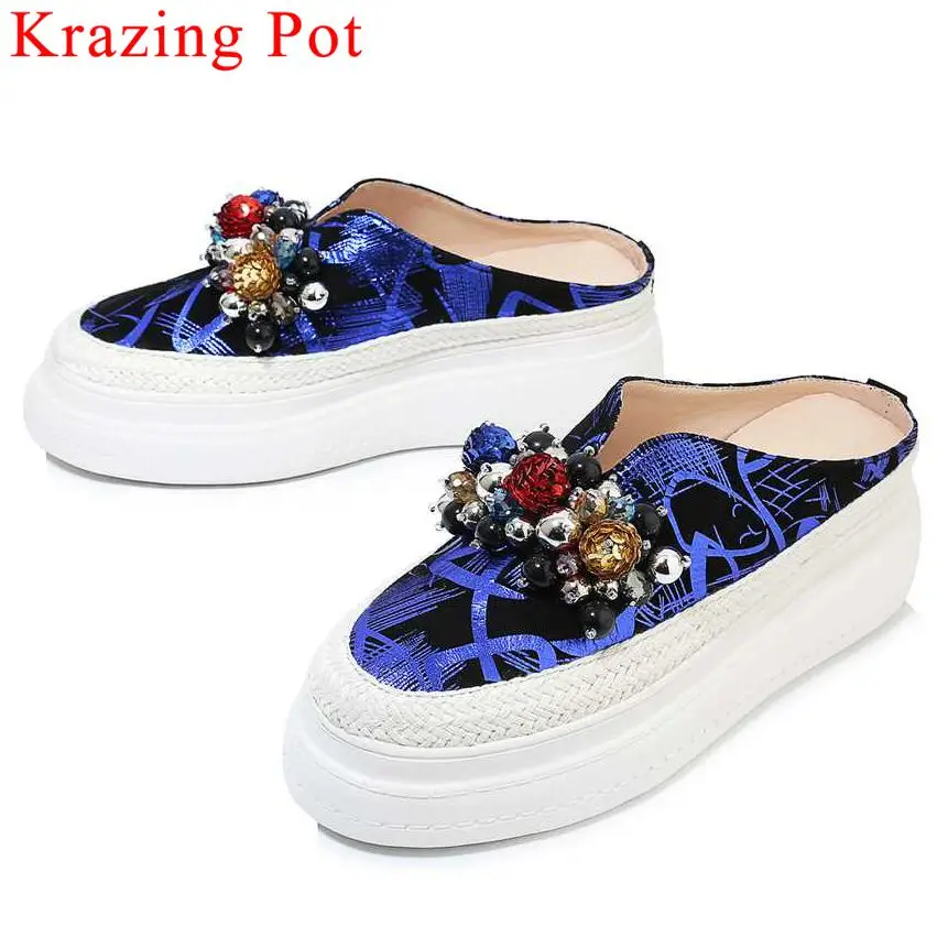 

Luxury sheep leather round toe flat platform slip on mules colorful beading British school high bottom cozy vulcanized shoes L12