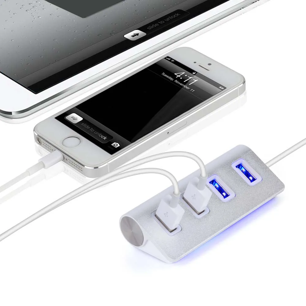 High Speed 4 Port led USB Hub Splitter Aluminium Power-Bus for Apple iMac Macbook PC Laptop Desktop Computer Peripherals