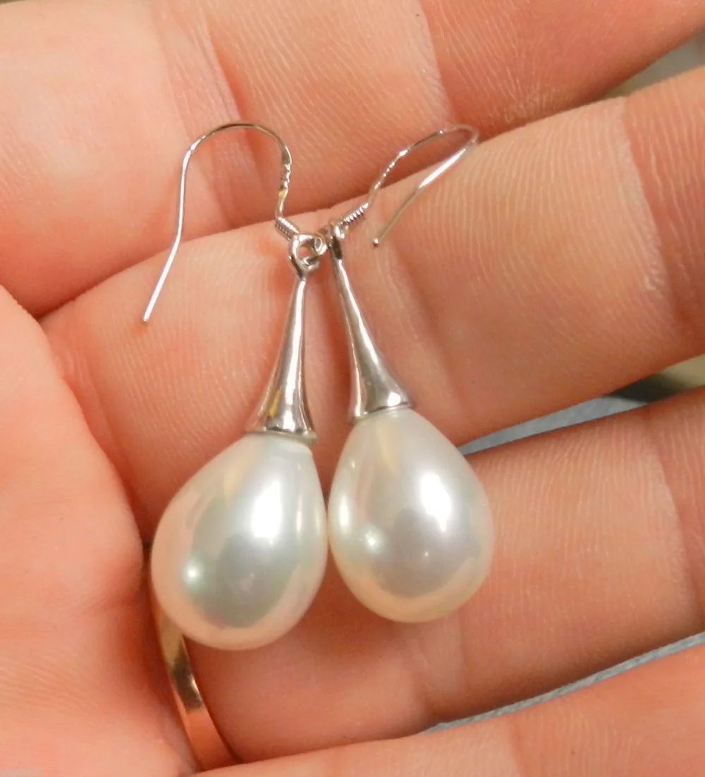 

FREE SHIPPING12x16mm REAL NATURAL WHITE CULTURED PEARL shell DANGLE DROP EARRING SILVER