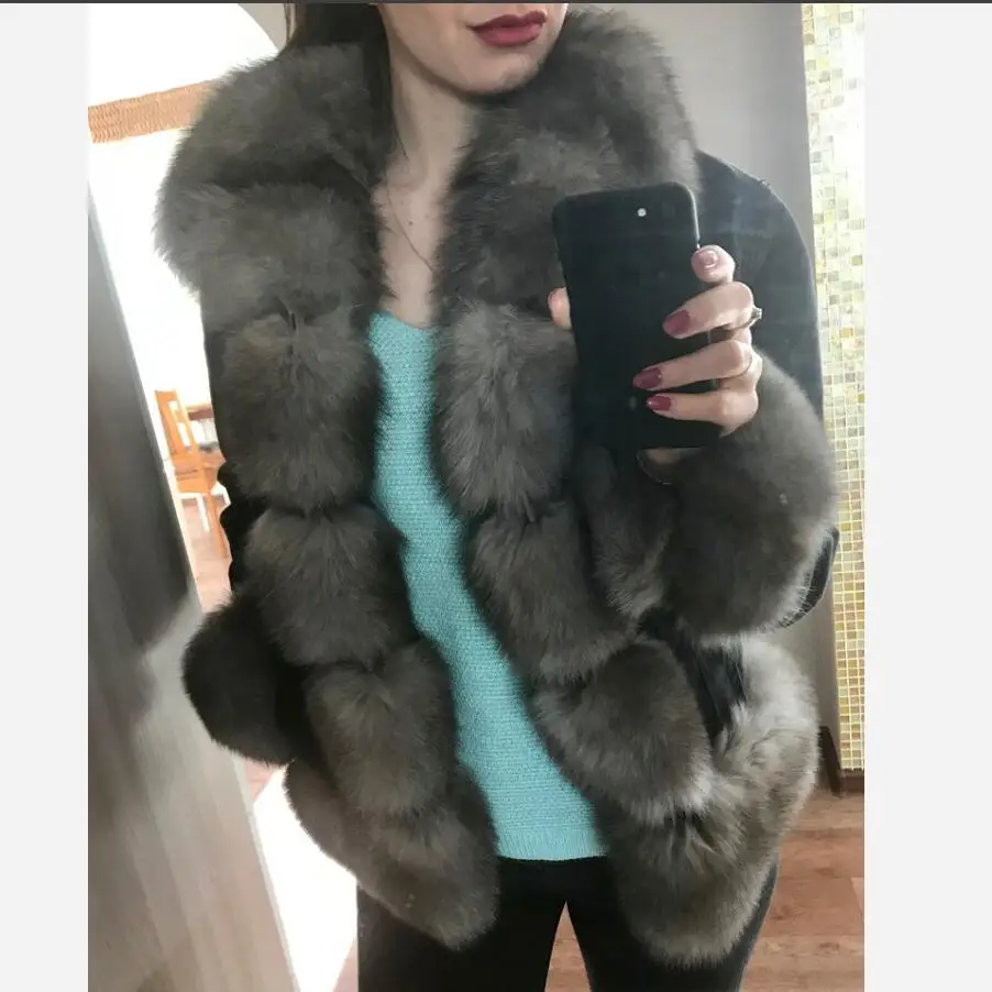 2018 spring real fox rabbit fur denim parka coat jacket jean high spring women natural fur coat thick lining warm fur parkas Coats
