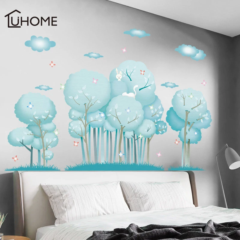 

Forest Big Tree Blue Cloud Wall Stickers Furnishings Living Room Decoration Mural Vinyl Wallpaper Home Living Room Bedroom Decor