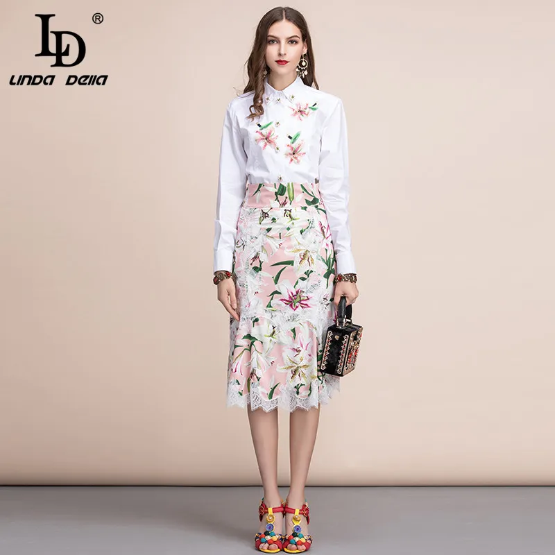 LD LINDA DELLA Vrouwen Lente Zomer Set Runway Fashion Designer Lange Mouwen Gorgeous Kralen Shirt + Mermaid Lady Rok Twee pak LD LINDA DELLA Vrouwen Lente Zomer Set Runway Fashion Designer Lange Mouwen Gorgeous Kralen Shirt + Mermaid Lady Rok Twee pak