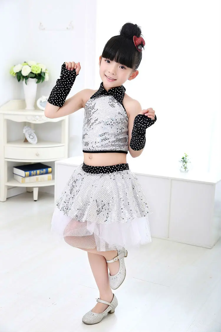 Girl Jazz Dance Children Sequin Modern Dance Hip Hop Costumes Girl Stage Jazz Costumes Suit for Girls Top and Skirt