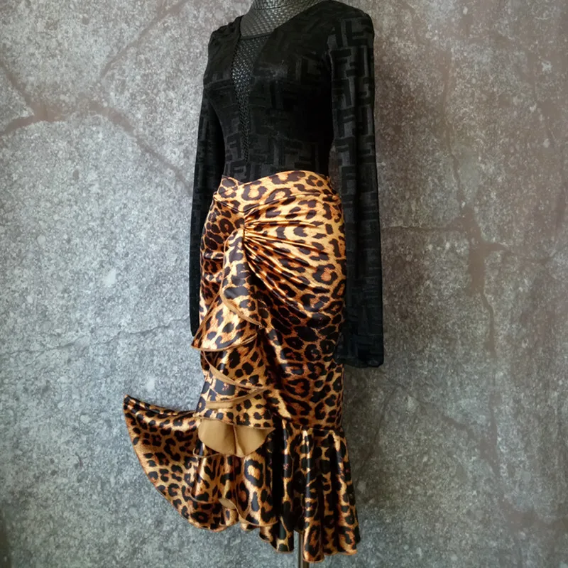 Женское платье для латинских танцев, костюмы для женщин, сексуальная леопардовая юбка с длинным рукавом и листьями лотоса, Женская Одежда для танцев ча Самба Румба