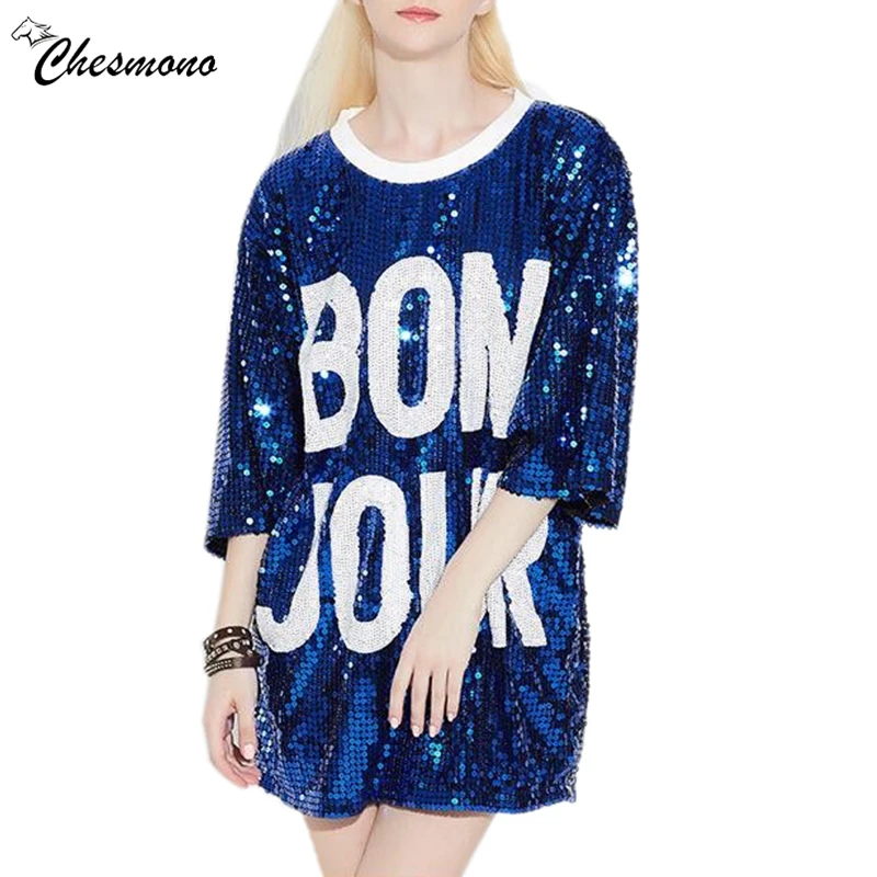 

Women's Loose Long Letters Print Glitters T Shirt 3/4 Sleeved Shirt Clothing Casual Femininas O-Neck Top Sequins Poleras Mujer