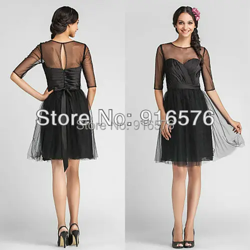 Black Jewel Neckline Knee Length Dress Medium Tulle Semi Formal With Half Sleeve Pleat Black