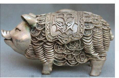 

6" China Chinese Fengshui Miao Silver Wealth riches Zodiac Year Pig Fu Statue R R0710 decoration bronze factory outlets