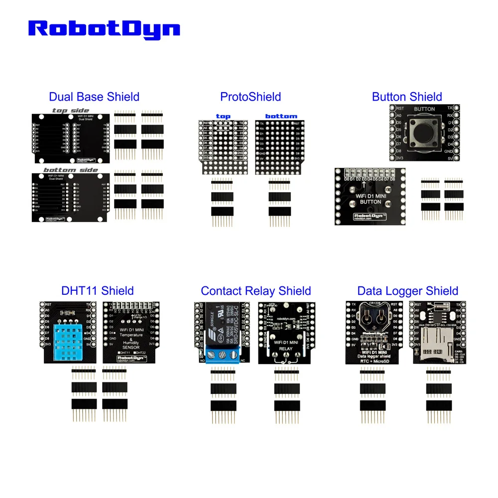 

Basic shield's KIT for WeMos D1 mini / mini PRO : Dual Base + ProtoShield + Button + Contact Relay + Data Logger Shield