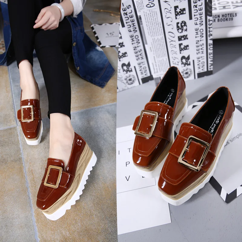 Femme Marque De Automne Cuir blue Noir Femmes Baskets Mode Creepers Slip Green brown En on À Boucle Oxford Plateforme Hiver Chaussures w1g0EqnF