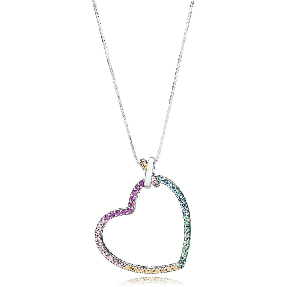 

2018 New Spring Series Real 100% 925 Sterling Silver Rainbow Heart Pendant NECKLACE For women Pando Charm Necklace DIY Jewelry