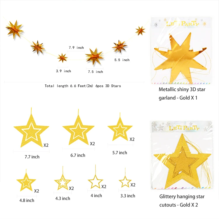 3D Гирлянда со звездами шампанского и золотого цвета, Мерцающая Маленькая звезда, подвесное украшение, баннер на день рождения, для детской комнаты, для свадебной вечеринки