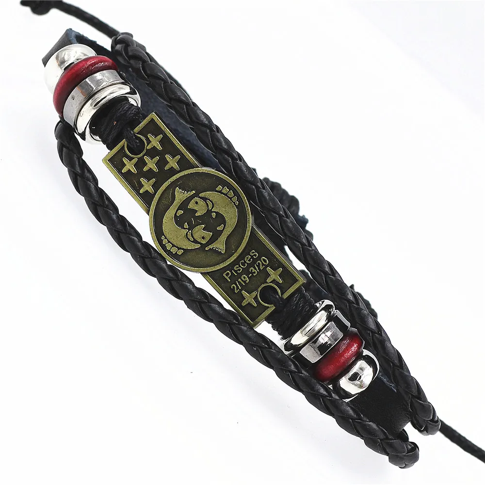 Плетеные пряжки 12 браслеты с изображениями созвездий панк кожаный браслет со знаком зодиака деревянный шарик черный Гальский камень Шарм ювелирные изделия