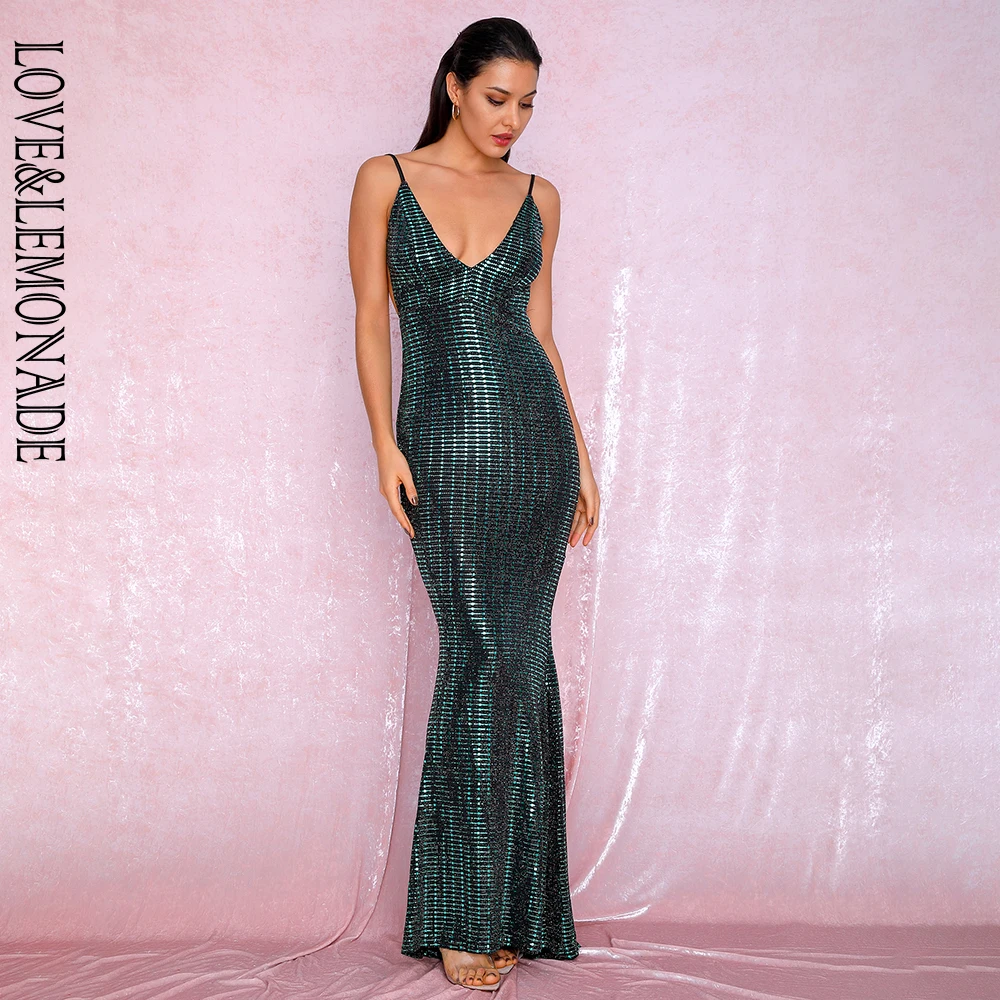 

LOVE&LEMONADE Sexy Deep V-Neck Open Back Fishtail Style Bodycon Party Reflective Sequins Maxi Dress LM81222-2 GREEN
