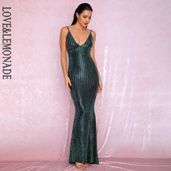 

LOVE&LEMONADE Sexy Deep V-Neck Open Back Fishtail Style Bodycon Party Reflective Sequins Maxi Dress LM81222-2