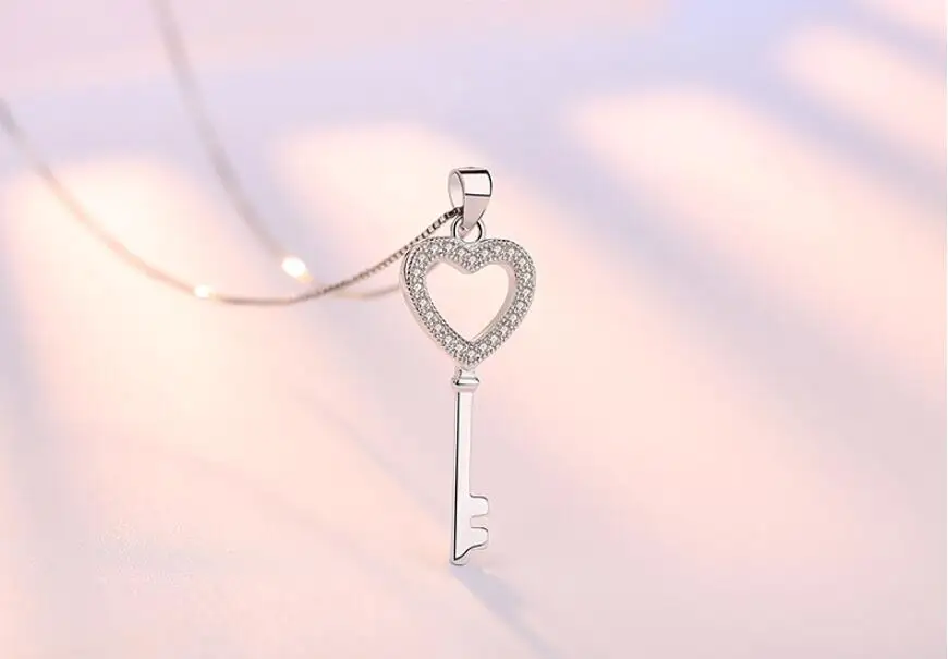 Фианит, циркон, кристалл сердце ожерелье с подвеской в виде ключа для женщин чокер 925 пробы серебряные ювелирные изделия 45 см цепи collares SAN82