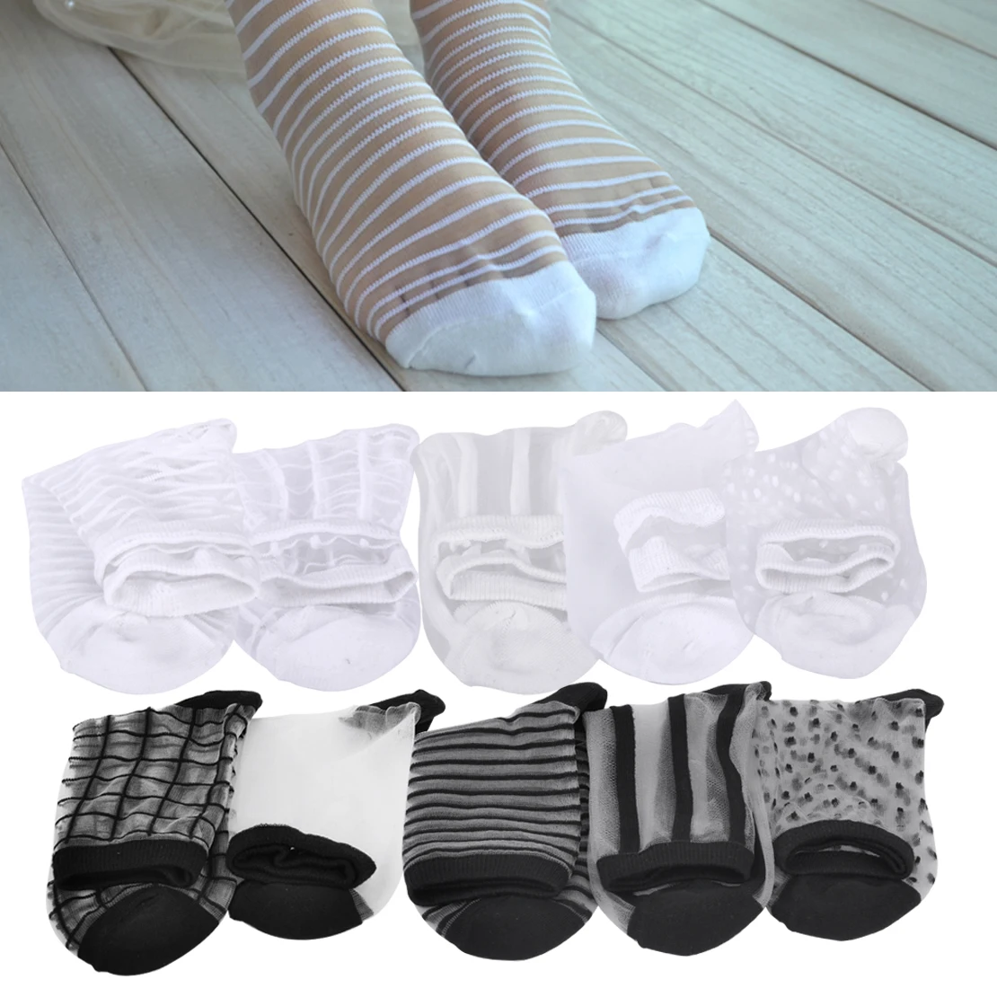 

5Pair Mixed Pattern Summer Women Ladies Fashion Ultrathin Transparent Glass Silk Socks Sheer Mesh Elastic Short Ankle Women Girl