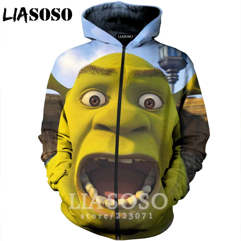 LIASOSO 2019 Новая мода Для мужчин женщин 3D принт аниме Шрек молнии с капюшоном унисекс