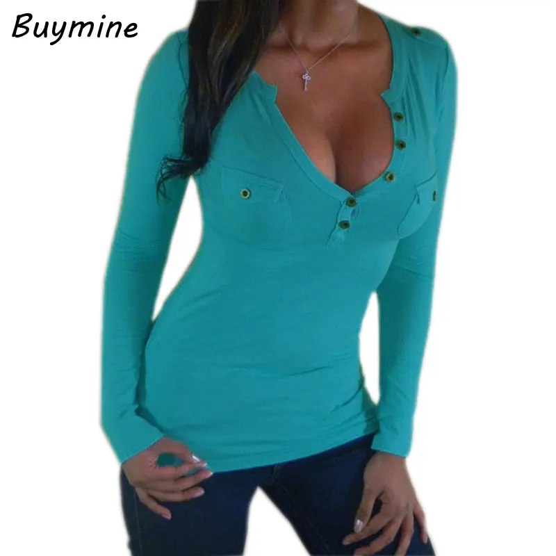 Deep V Sexy T Shirt Women Long Sleeve Elastic T Shirt