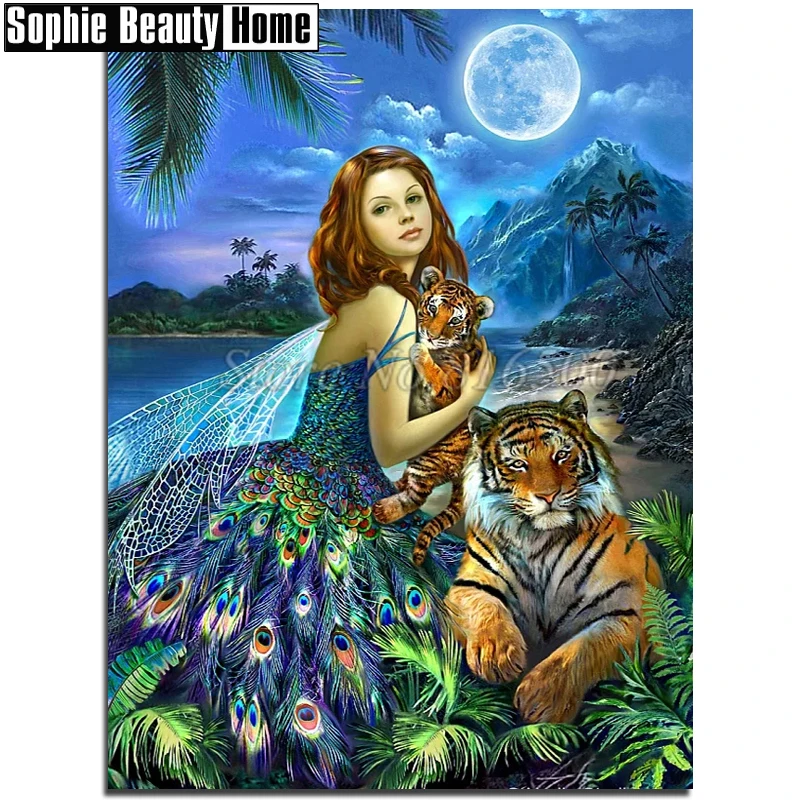 Real 5D Diamond Cross Stitch Diy Full Painting Kits Embroidery Animal Tigers with Beauty Needlework Art 189160 | Дом и сад