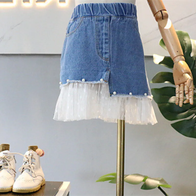 2019 Children Girl Skirts New Fashion High Quality Spring Kids Denim Jeans Lace Mesh Pearl Patchwork Princess Skirt For 2-7Yrs