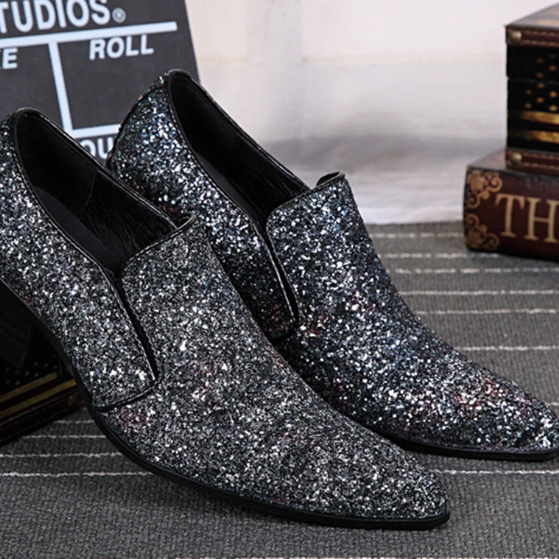 Christia Bella Party Wedding Sequin Men Dress Shoes Mid Heel Increase Height Prom Real Leather Pointed Toe Loafers | Обувь