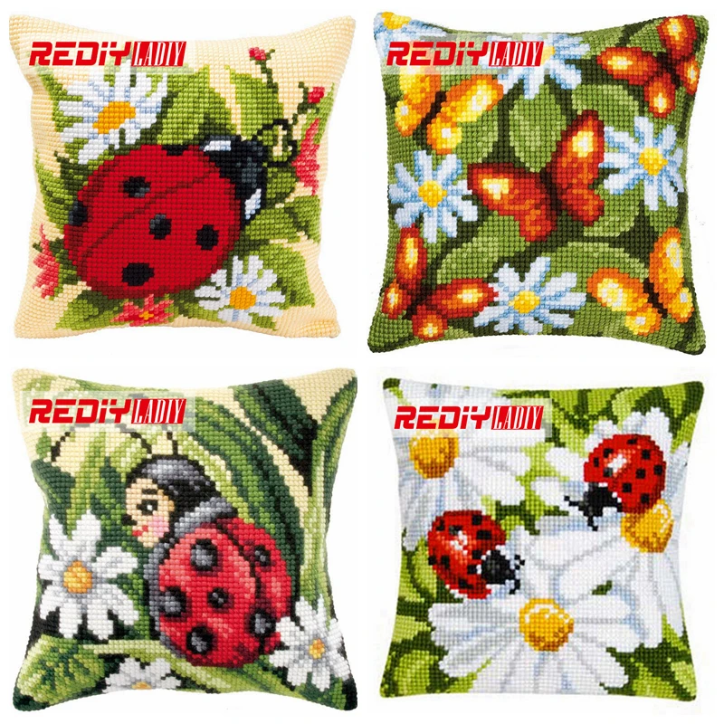 

LADIY Cross Stitch Cushion Cover Yarn for Embroidery Cushions for Sofa Cross-Stitch Kits Daisy & Ladybird Decorative Pillow Case