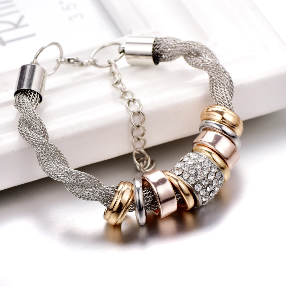 Entwined Silver Metal Bracelets & Bangles Handmade Crystal Bracelets for Women With Rhinestone Stones Jewelry B151