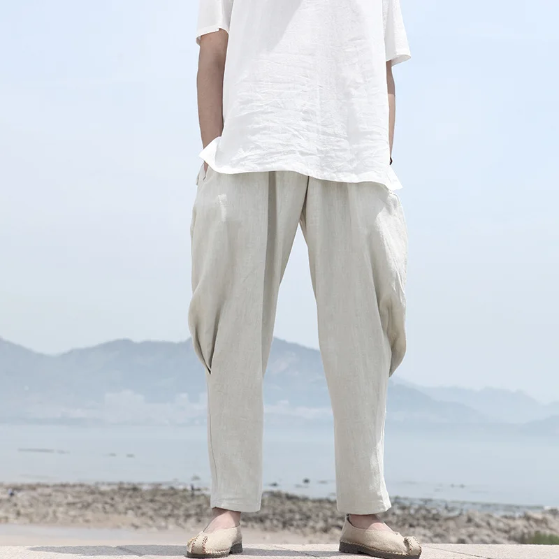 2017 Summer and Autumn Loose Linen Pants Men Elastic Waist Straight