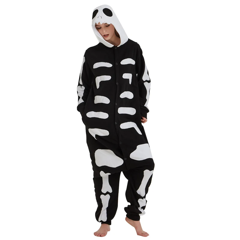 Skull Kigurumi Onesie Adult Women Scary Skeleton Pajamas Flannel Warm Loose Soft Sleepwear Onepiece Winter Jumpsuit Cosplay
