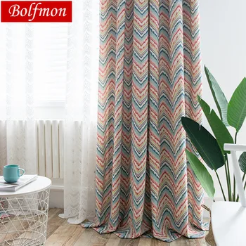 

Cotton Polyester Printed Colorful Stripe Window Curtain for Living Room Creative Wave Simple Geometric Curtain Kitchen Custom