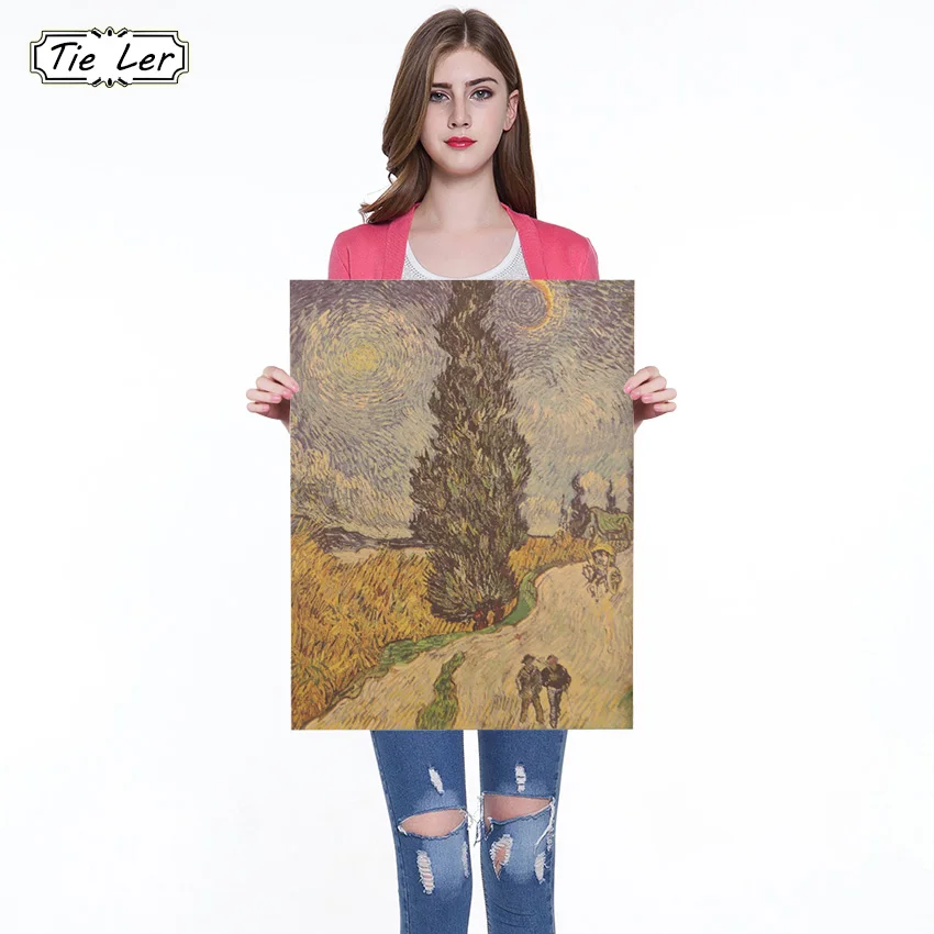 

Vincent Willem Van Gogh Road With Cypresses Wall Sticker Kraft Paper Vintage Paper Decoration Poster Oil Painting