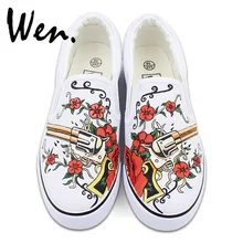 Wen Red Rose Flowers Gun Revolver Original Design White Slip on Hand Painted Shoes Mens Womens