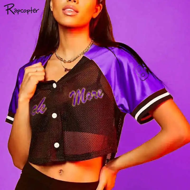 

Rapcopter Patchwork Mesh Sexy Tshirt Women Transparent Korean Style Fashion Crop T Shirts Printed Streetwear T-shirt Summer 2019