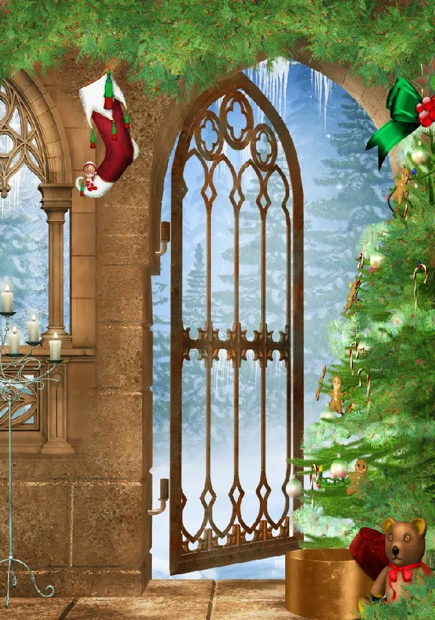 

Laeacco Kids Backdrops For Photography Christmas Tree Toy Bear Candle Stock Arch Door Winter Scenic Backgrounds Photo Studio