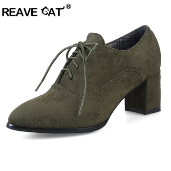 

REAVE CAT Shoes woman High heels Ladies cross-tied shoes Pointed toe Flock Fashion Casual Spring autumn shoes Big size Cool A657