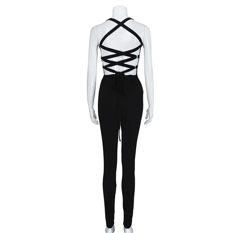 Women Summer Jumpsuit Strappy Backless High Waist Slim Fit Female Bodysuit GDD99