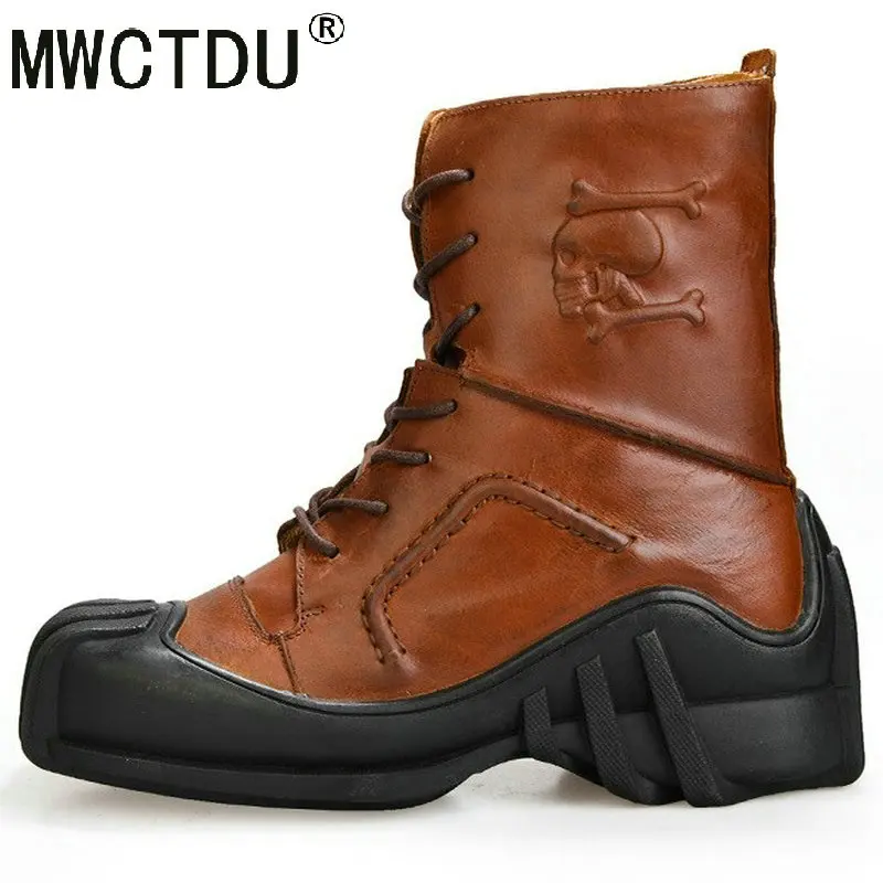 MWCTDU Men's Genuine Leather Lace-up Skull Tactical Military Boots Mid Calf Bikers Motorcycle Boots Plus Size