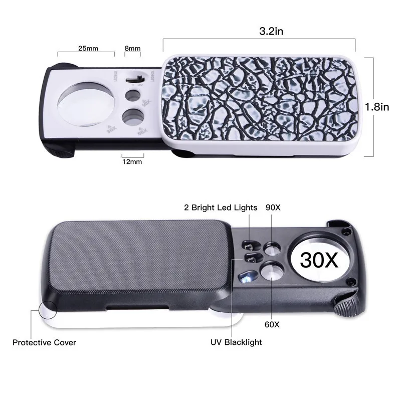 30X 60X 90X Лупа Светодиодный УФ-ювелирные изделия Оценка чтения увеличительное стекло с высоким увеличением акриловые оптические линзы Лупа