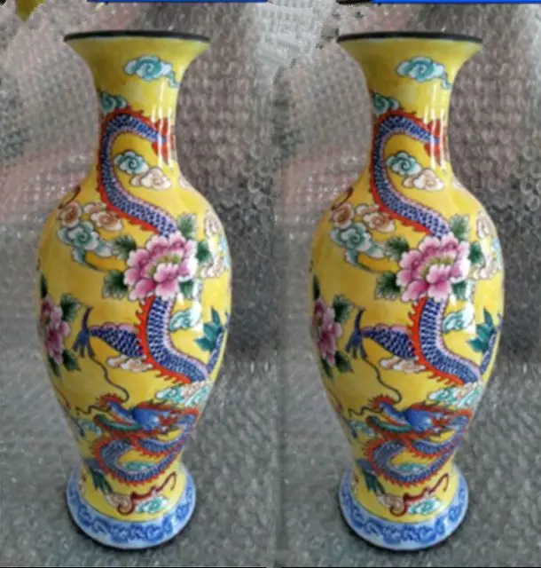 

A Pair of Exquisite ancient Chinese colored enamel (copper) dragon and phoenix vase